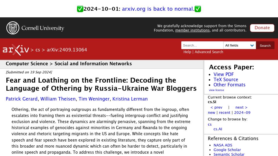 Screenshot of arxiv.org: Decoding the Language of Othering by Russia-Ukraine War Bloggers