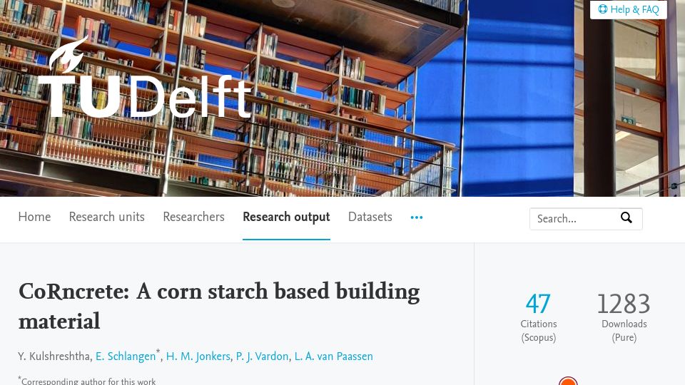 Screenshot of research.tudelft.nl: CoRncrete: A corn starch based building material (2017)