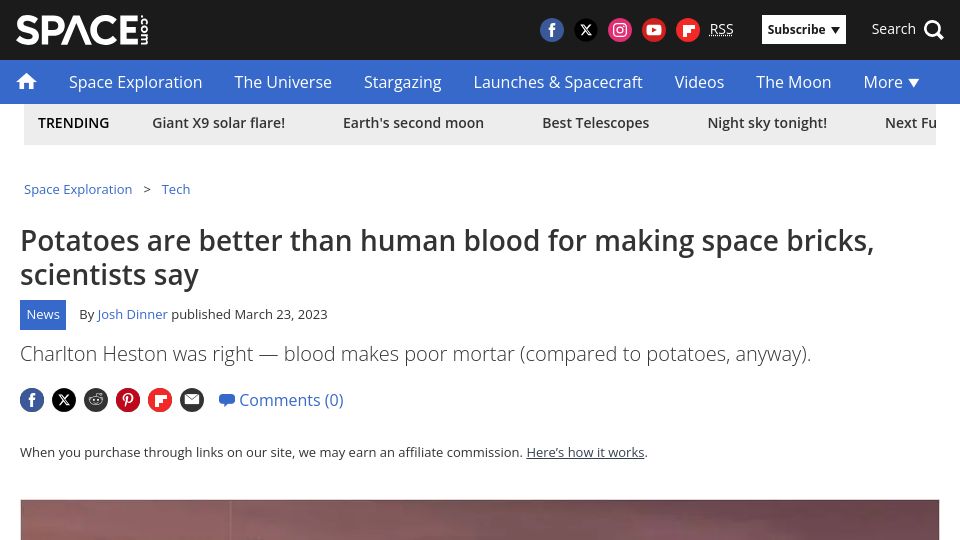 Screenshot of space.com: Potatoes are better than human blood for making space bricks, scientists say