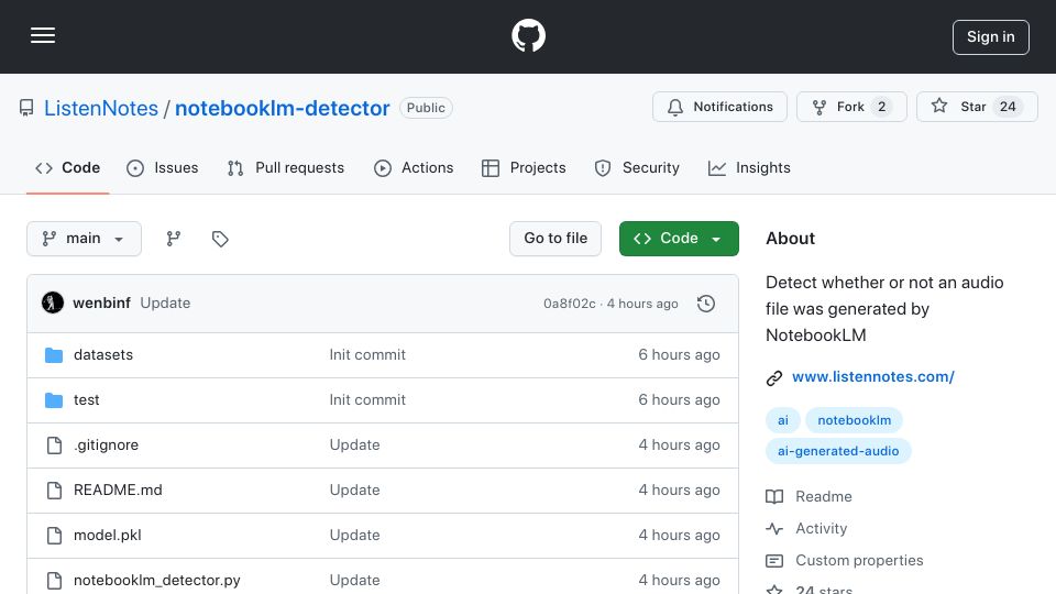 Screenshot of github.com: Show HN: Detect if an audio file was generated by NotebookLM