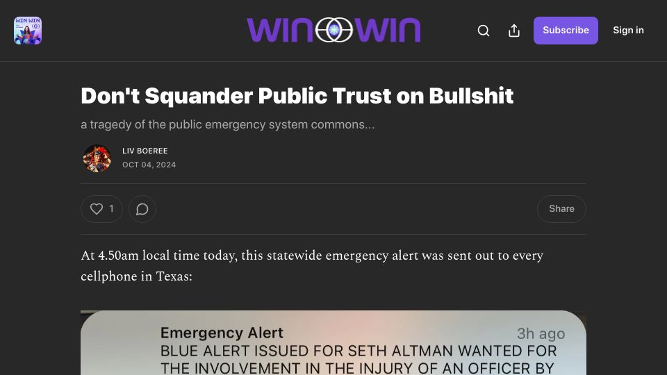 Screenshot of livboeree.substack.com: Don't squander public trust on bullshit