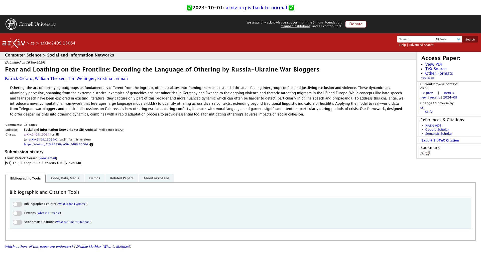 Screenshot of arxiv.org: Decoding the Language of Othering by Russia-Ukraine War Bloggers
