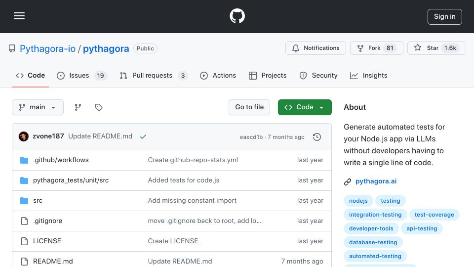 Screenshot of github.com: Pythagora: Auto-Generate Node.js Tests Using LLMs, No Coding Required