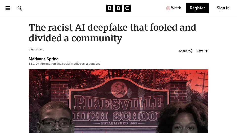 Screenshot of bbc.com: The racist AI deepfake that fooled and divided a community