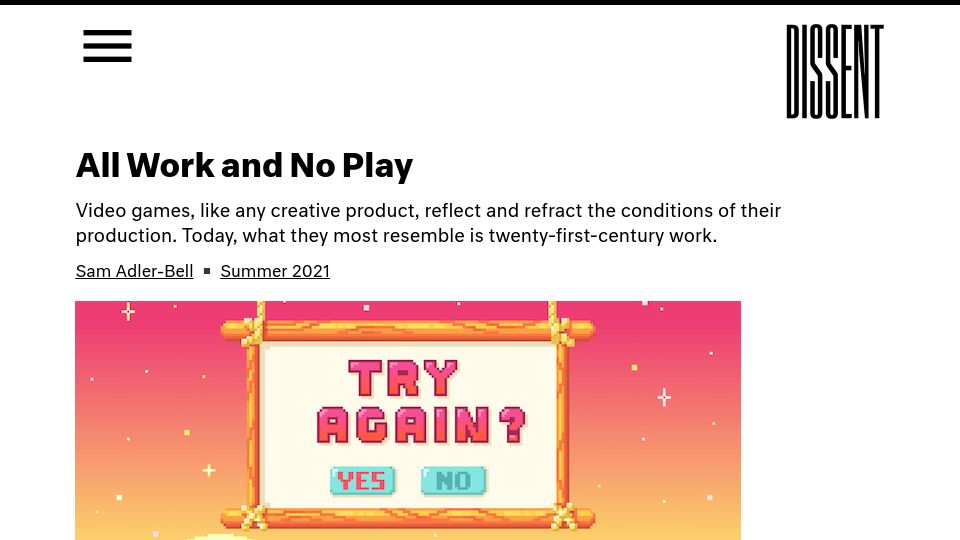 Screenshot of dissentmagazine.org: All Work and No Play (2021)