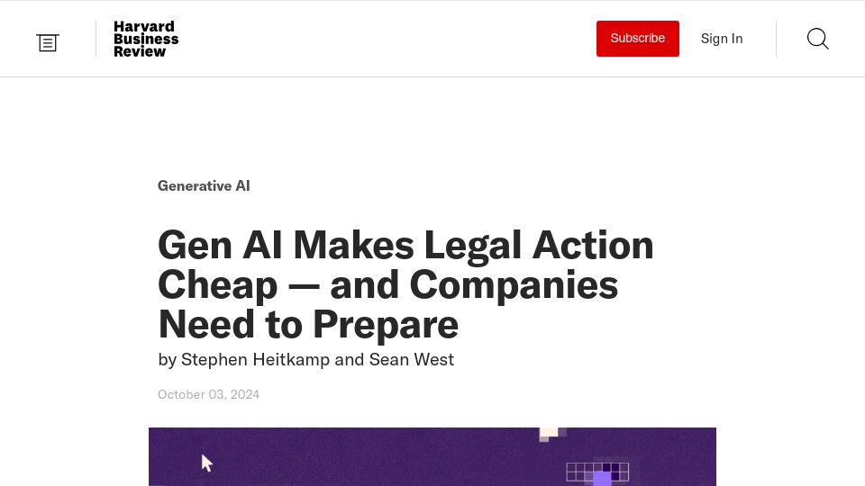 Screenshot of hbr.org: Gen AI Makes Legal Action Cheap – and Companies Need to Prepare
