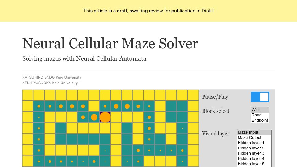 Screenshot of umu1729.github.io: Solving mazes with neural cellular automata (2021)