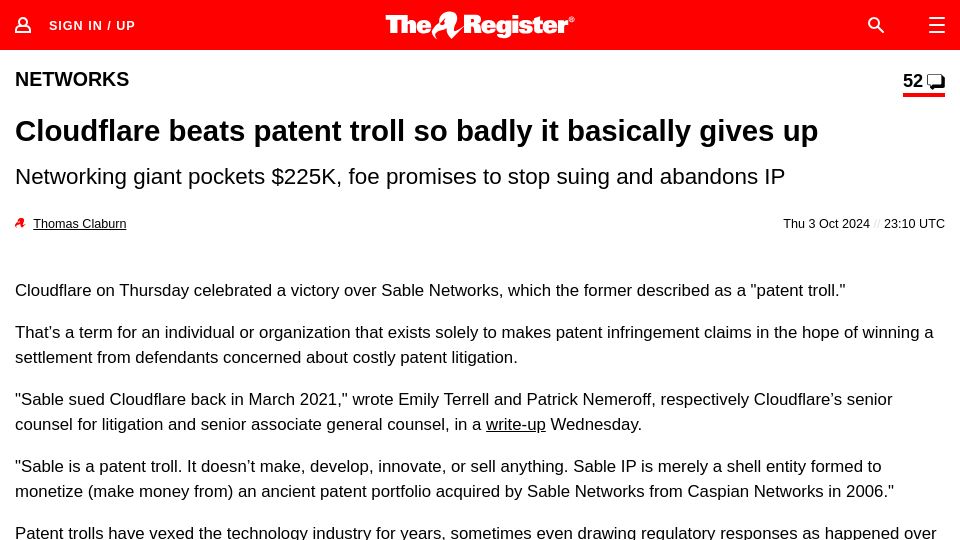 Screenshot of theregister.com: Cloudflare beats patent troll so badly it basically gives up