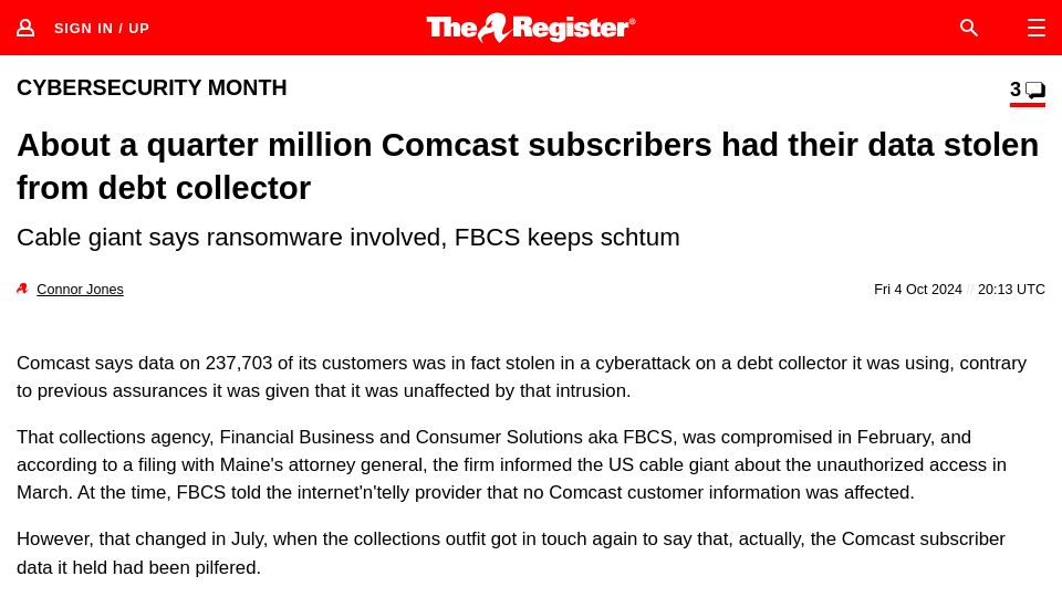 Screenshot of theregister.com: A quarter million Comcast subscribers had their data stolen from debt collector