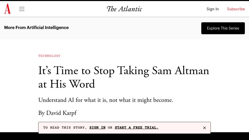 Screenshot of theatlantic.com: It's Time to Stop Taking Sam Altman at His Word