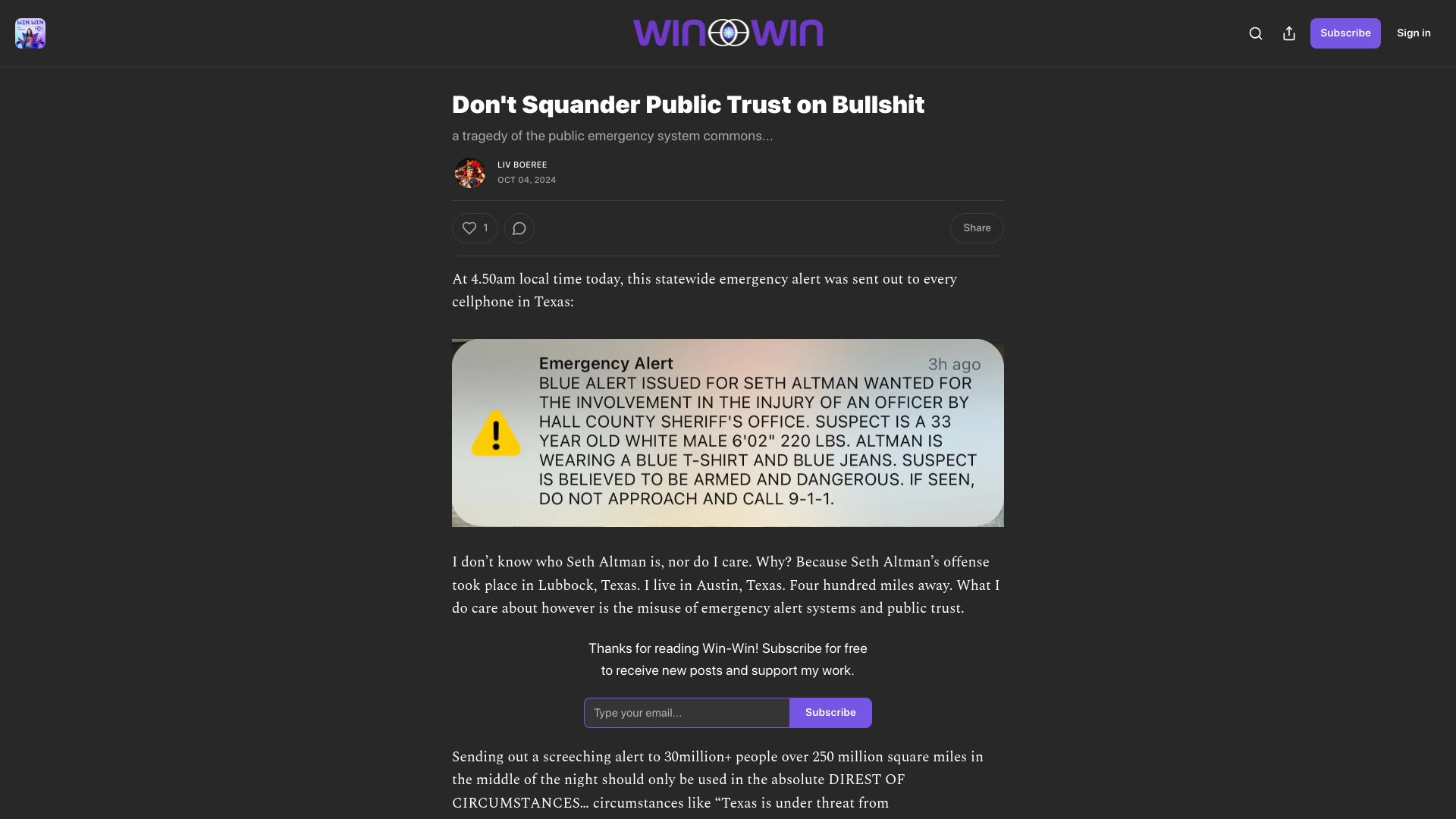 Screenshot of livboeree.substack.com: Don't squander public trust on bullshit