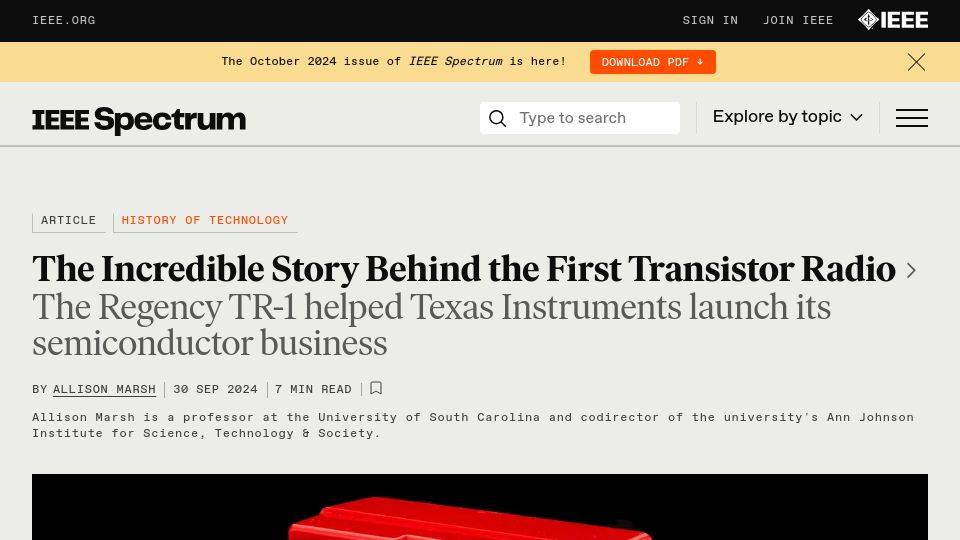 Screenshot of spectrum.ieee.org: The First Transistor Radio