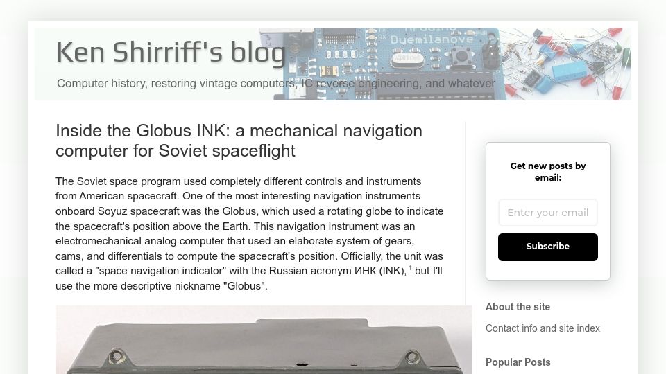 Screenshot of righto.com: The Globus INK: a mechanical navigation computer for Soviet spaceflight (2023)