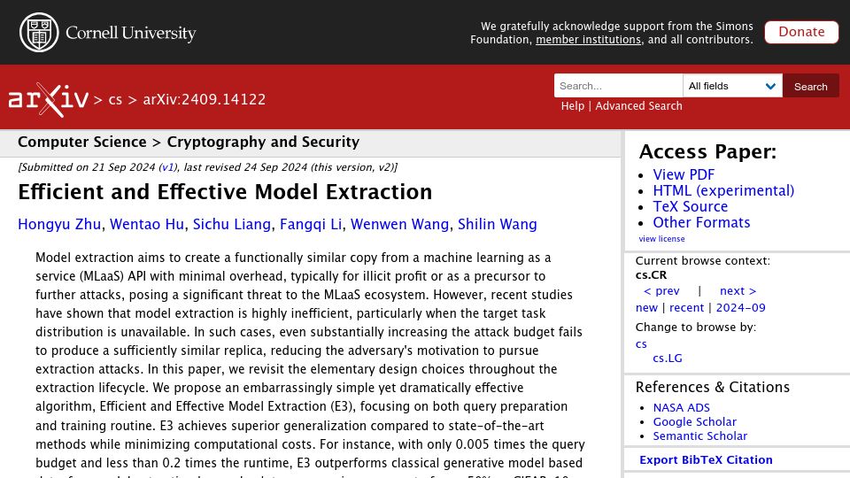 Screenshot of arxiv.org: Efficient and Effective Model Extraction