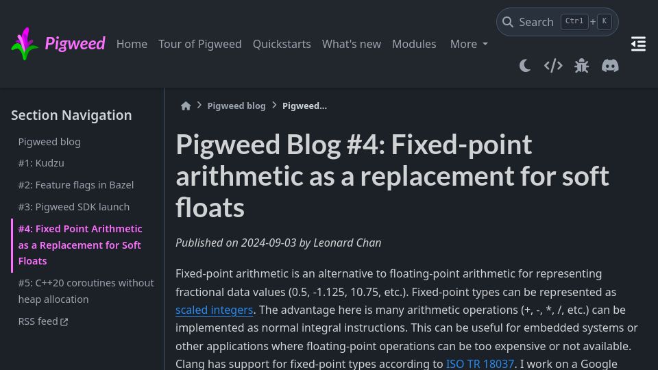 Screenshot of pigweed.dev: Fixed-point arithmetic as a replacement for soft floats