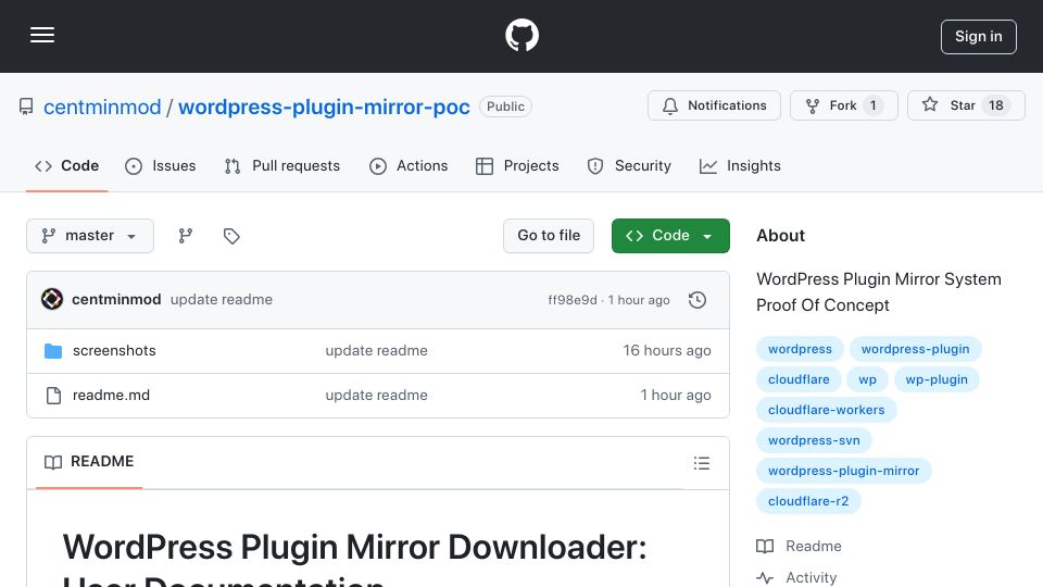 Screenshot of github.com: WordPress Plugin Mirror Downloader (Proof of Concept)