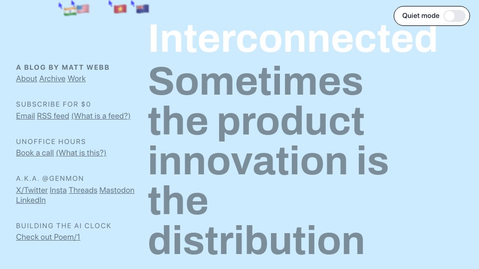 Screenshot of interconnected.org: Sometimes the product innovation is the distribution