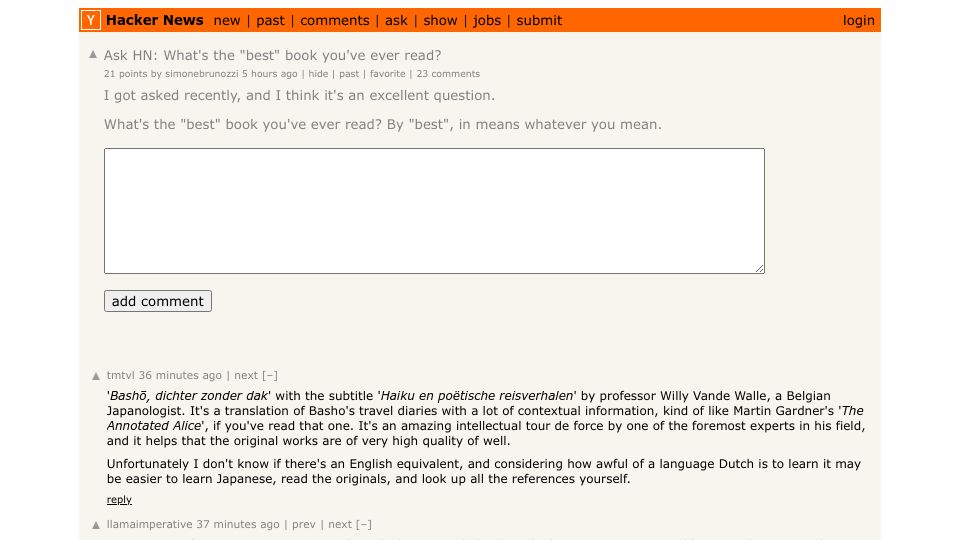 Screenshot of Hacker News post: Ask HN: What's the "best" book you've ever read?
