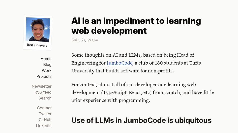 Screenshot of ben.page: AI is an impediment to learning web development