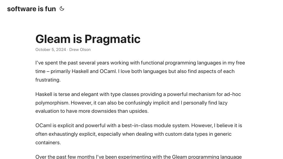Screenshot of blog.drewolson.org: Gleam Is Pragmatic