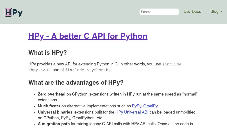 Screenshot of hpyproject.org: HPy – A better C API for Python