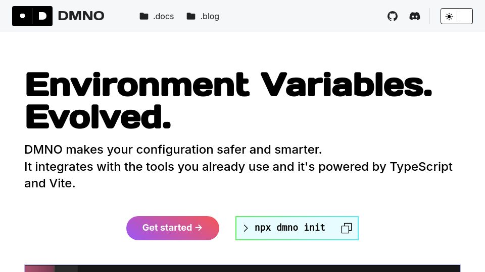 Screenshot of dmno.dev: DMNO: Environment Variables Evolved