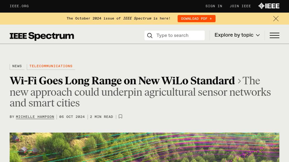 Screenshot of spectrum.ieee.org: Wi-Fi Goes Long Range on New WiLo Standard