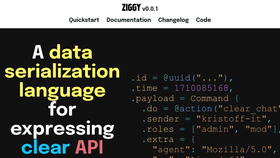 Screenshot of ziggy-lang.io: Ziggy: Data serialization language for expressing API messages, config files