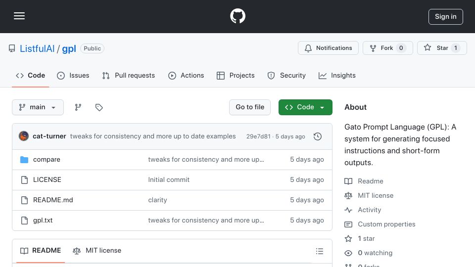 Screenshot of github.com: Show HN: Gato Prompt Lang – keep prompt content and responses short in JSON