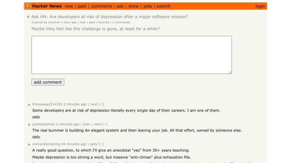 Screenshot of Hacker News post: Ask HN: Are developers at risk of depression after a major software release?