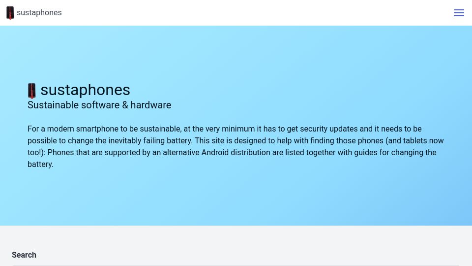 Screenshot of sustaphones.com: Sustaphones Tablets – Database of repairable Android devices with community ROMs