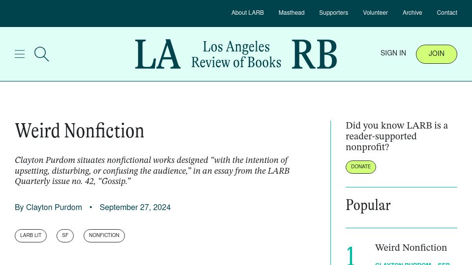 Screenshot of lareviewofbooks.org: Weird Nonfiction