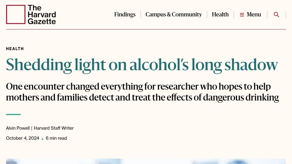 Screenshot of news.harvard.edu: Shedding light on alcohol's long shadow