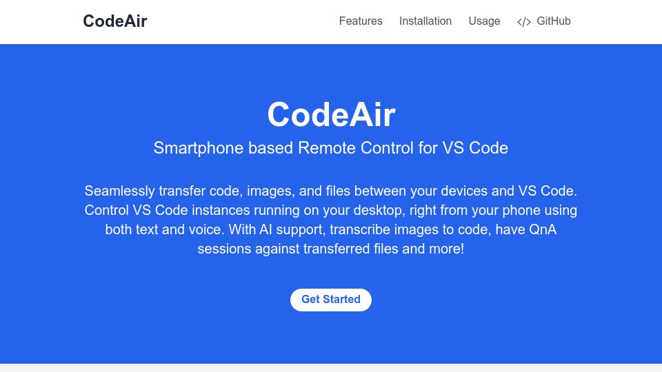 Screenshot of codeair.app: Show HN: CodeAir – Control VS Code from Your Phone