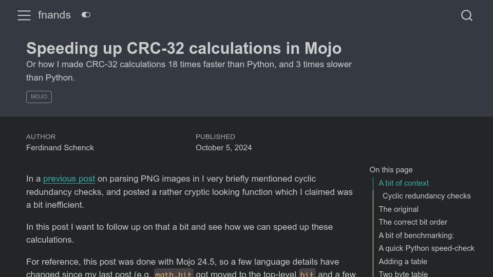 Screenshot of fnands.com: Making CRC calculations in Mojo 18x faster than Python and 3x slower than Python