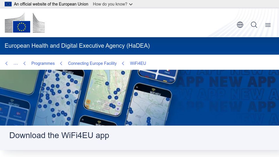 Screenshot of hadea.ec.europa.eu: WiFi4EU initiative provides free Wi-Fi in public spaces across Europe