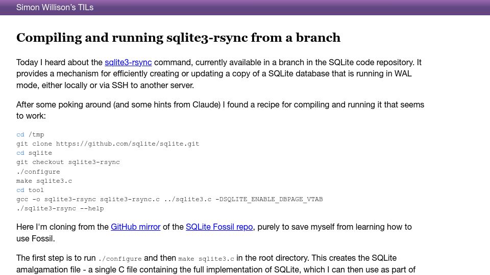 Screenshot of til.simonwillison.net: Compiling and running sqlite3-rsync from a branch
