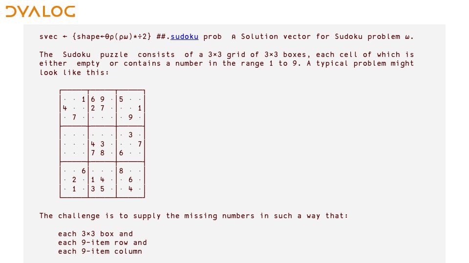 Screenshot of dfns.dyalog.com: Arthur Whitney's one liner sudoku solver (2011)