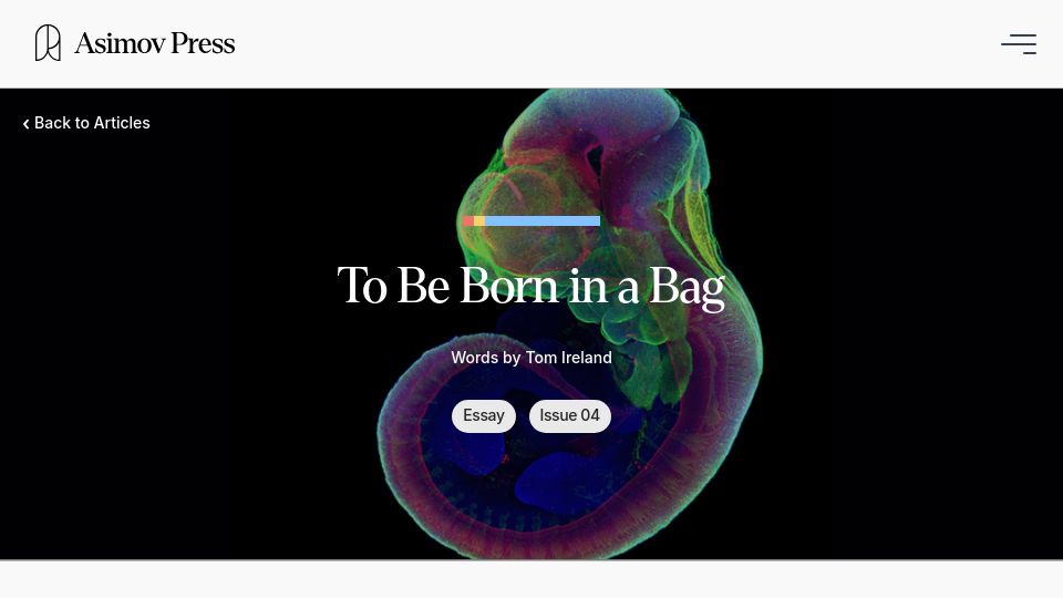 Screenshot of press.asimov.com: To Be Born in a Bag
