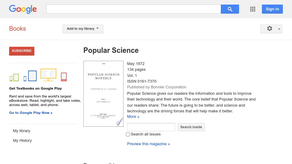 Screenshot of books.google.com: Popular Science Magazine Archives, May 1872-March 2009