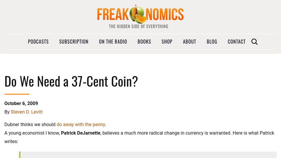 Screenshot of freakonomics.com: Do We Need a 37-Cent Coin? (2009)