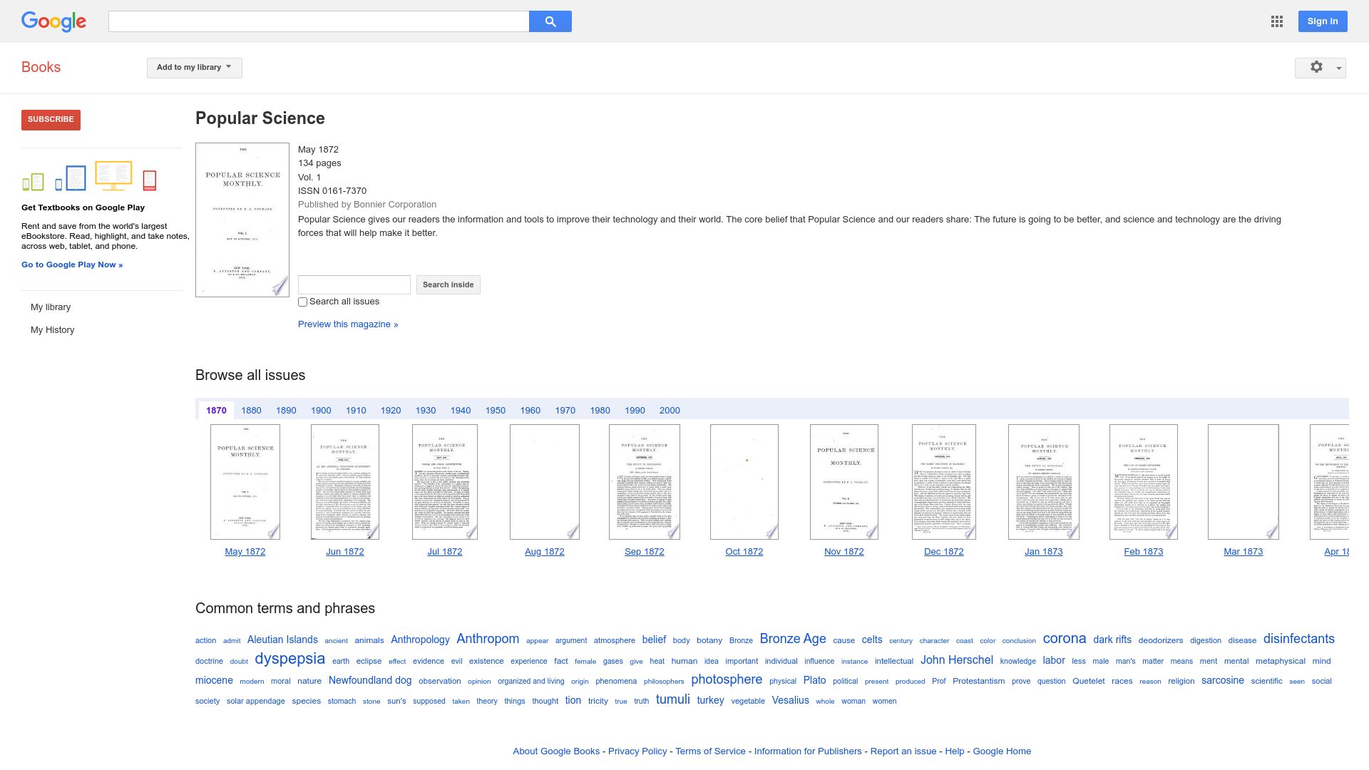 Screenshot of books.google.com: Popular Science Magazine Archives, May 1872-March 2009