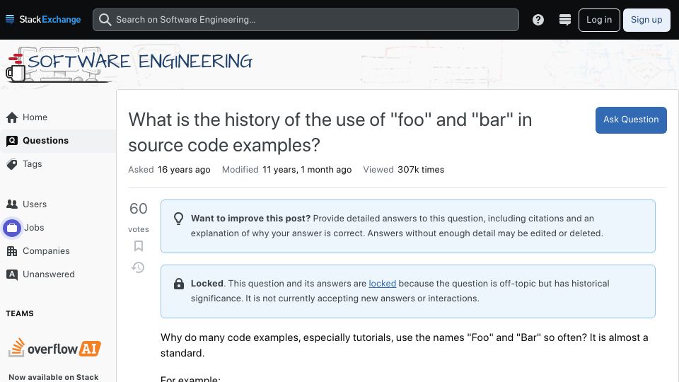 Screenshot of softwareengineering.stackexchange.com: What is the history of the use of "foo" and "bar" in source code examples? (2012)