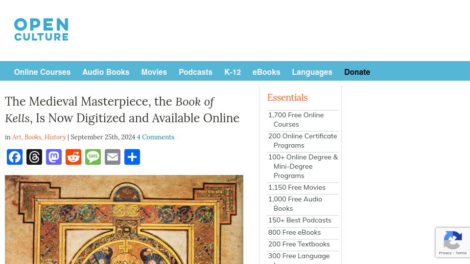 Screenshot of openculture.com: The Book of Kells, now digitized and available online