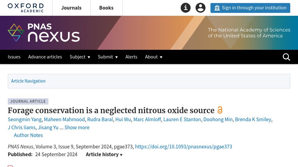 Screenshot of academic.oup.com: Forage conservation is a neglected nitrous oxide source