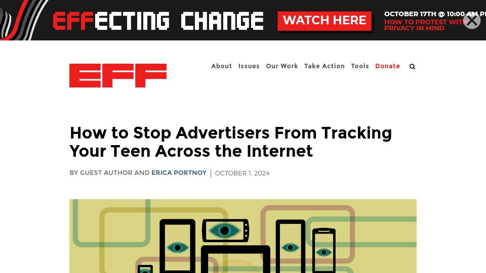 Screenshot of eff.org: How to stop advertisers from tracking your teen across the internet