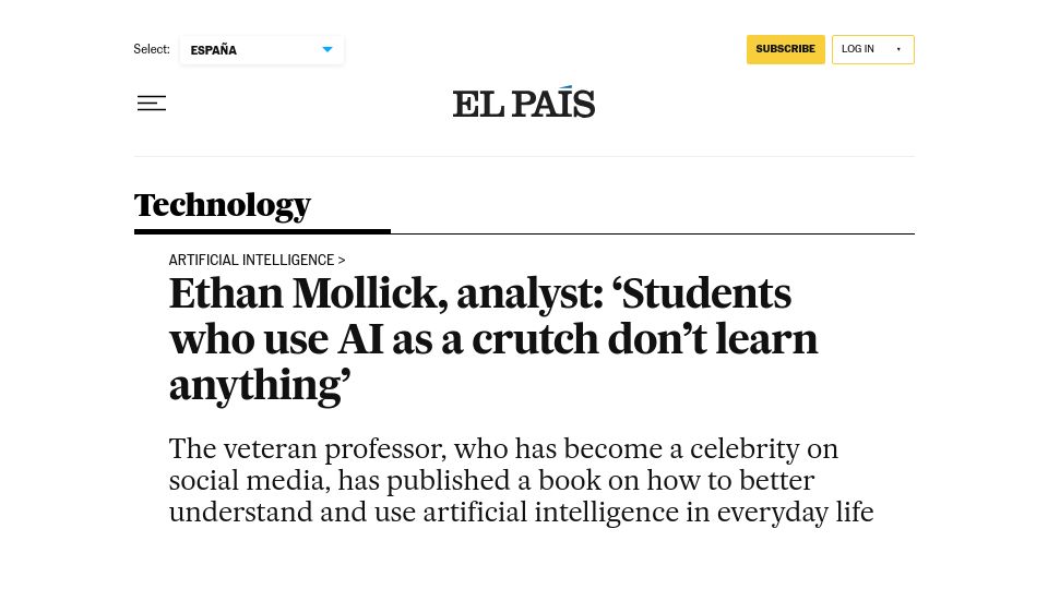 Screenshot of english.elpais.com: 'Students who use AI as a crutch don't learn anything'