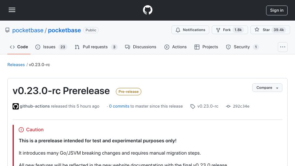 Screenshot of github.com: Pocketbase v0.23.0-RC Prerelease