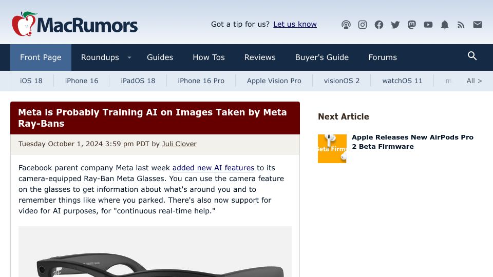 Screenshot of macrumors.com: Meta Is Probably Training AI on Images Taken by Meta Ray-Bans