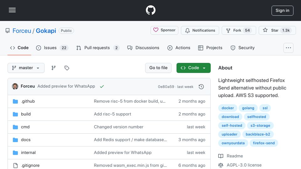 Screenshot of github.com: Gokapi: Lightweight selfhosted Firefox Send alternative with AWS S3 support